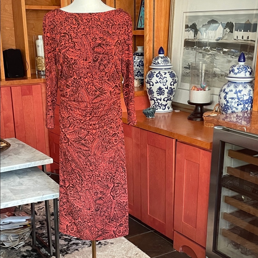 Sara Campbell Red and Brown Paisley Shirred Dress Fits 6-8 - Picture 1 of 13